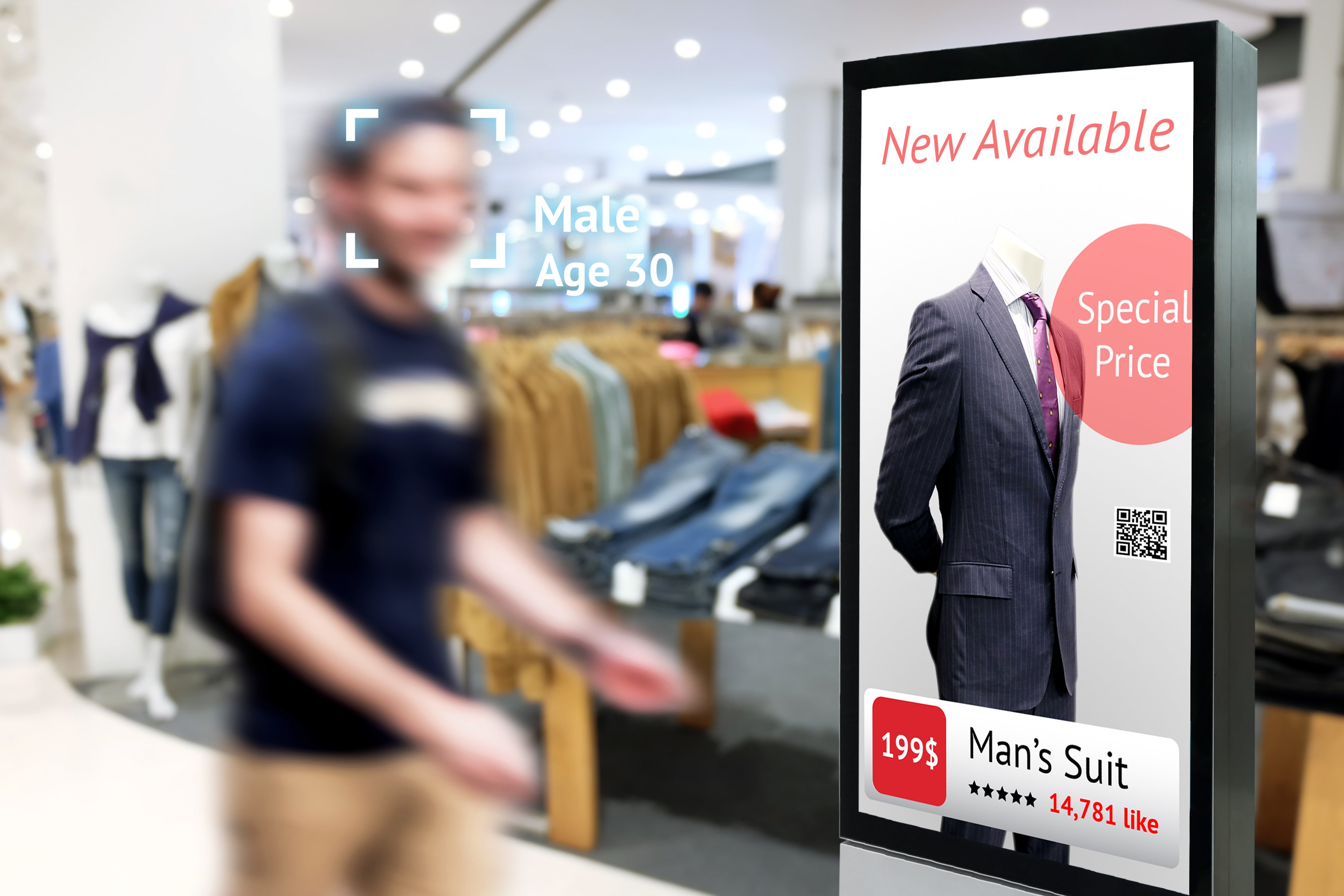 Man walking in front of Retail Digital Signage Screen with Advert and Promotion